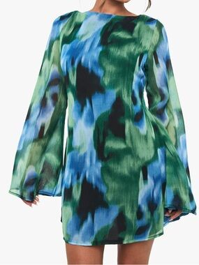 Boohoo Green & Blue Abstract Print Chiffon Flare Sleeve Mini Dress